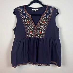 Solitare Women Navy Floral Embroidered Boho Peasant Peplum Tank Blouse XL Cotton
